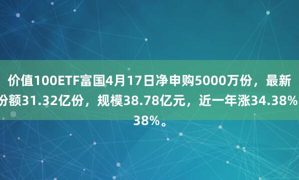 价值100ETF富国4月17日净申购5000万份，最新份额31.32亿份，规模38.78亿元，近一年涨34.38%。